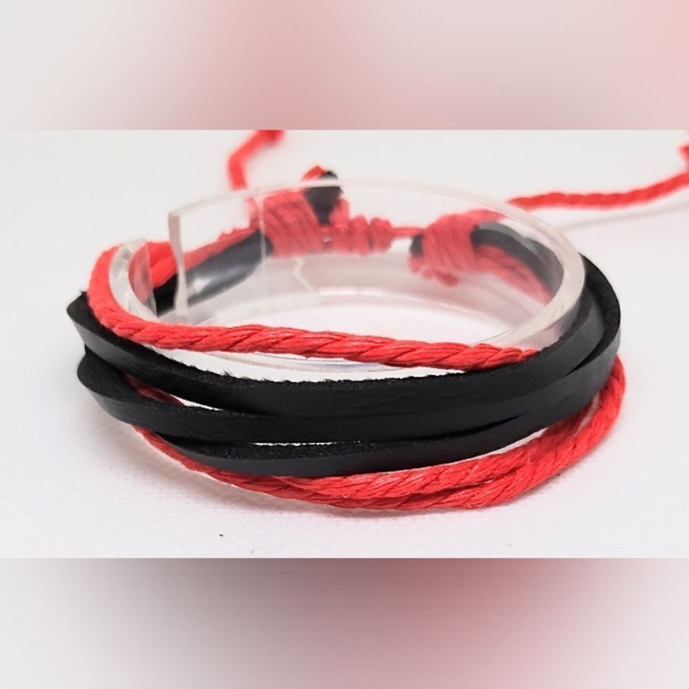 Men's bracelet leather braided layered black red new e59